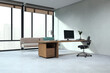 Contemporary wooden and concrete home office interior with panoramic windows, workplace and couch. 3D Rendering.
