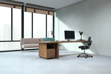 Poster - Contemporary wooden and concrete home office interior with panoramic windows, workplace and couch. 3D Rendering.