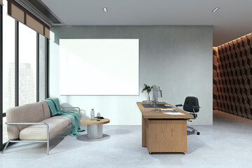 Poster - Modern wooden and concrete home office interior with empty white mock up banner, panoramic windows, workplace and couch. 3D Rendering.