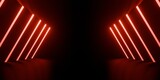 Fototapeta  - Abstract geometric pattern of glowing red neon squares in dark background 3d rendering