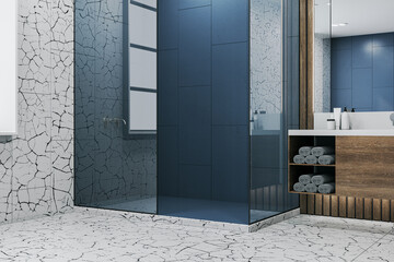 Wall Mural - Light wooden and marble tile bathroom interior with mirror. 3D Rendering.