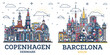 Outline Barcelona Spain and Copenhagen Denmark City Skyline set with colored Modern and Historic Buildings Isolated on White. Cityscape with Landmarks.