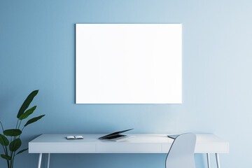 Poster - Contemporary blue home office interior with workplace and empty white mock up banner on wall. 3D Rendering.