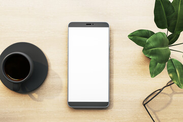 Aufkleber - Top view white office desk with coffee cup, decorative plant, glasses and empty white mock up smartphone. Morning, workplace and close up concept. 3D Rendering.
