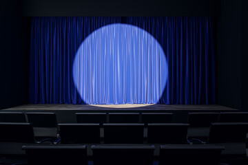 Poster - Blue curtains under spotlight in an empty theater setting. 3D Rendering