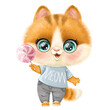Cute cartoon orange fluffy kitten with lollipop in paw isolated on white background