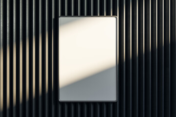 Poster - Empty dark metal linear wall with clean white mock up banner. Gallery concept. 3D Rendering.