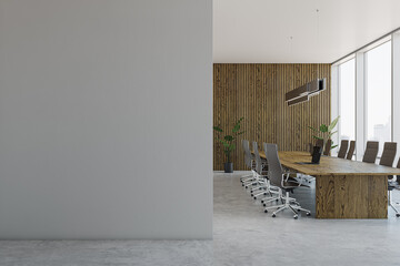 Poster - Modern wooden and concrete meeting room interior with empty mock up place on light wall, furniture and panoramic window with city view. 3D Rendering.