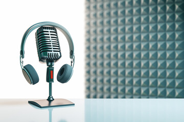 Poster - Creative image with mic and mock up place on gray background. Podcast ad and voiceover concept. 3D Rendering.
