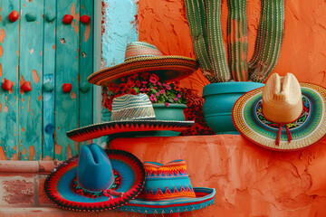 Canvas Print - a cactus and mexican hats with red and blue, in the style of dark orange and light green