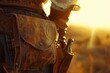 Western cowboy gear illuminated by sunset, traditional leather holster and belt close-up