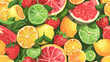 Seamless pattern background of Colorful Fresh Fruits bursting with colorful fresh fruits such oranges, lemons, strawberries, and watermelons, invoking the vibrant refreshing essence of summer fruit