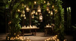 candlelight decoration of hanging mason jars and plants