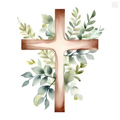 Wall Mural - Watercolor Christian cross with green leaves and branches. Hand painted illustration.