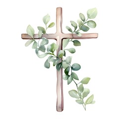 Wall Mural - Watercolor christian cross with eucalyptus branches.