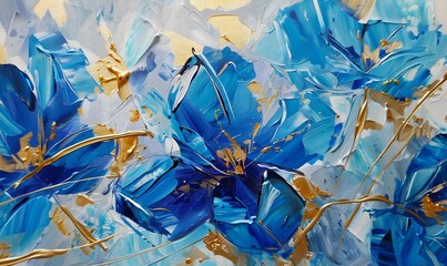 Poster - Abstract oil painting Blue petals, flowers with golden lines, using a palette knife