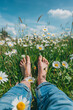 First person view of a woman's feet in jeans, barefoot lying on the grass with daisy flowers, summer meadow background, sunny day, nature, picnic