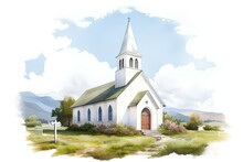 Watercolor Illustration Of A Small Church In The Countryside Of South Africa