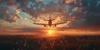 © Thares2020 - Majestic Airplane Landing at Dusk Against Stunning Sunset Landscape Journey s End Marked by New Beginnings
