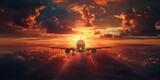 Fototapeta  - Airplane landing against a breathtaking sunset backdrop marking the end of a journey and the promise of new adventures