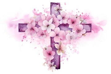 Wall Mural - Watercolor Christian cross with pink flowers. Hand painted illustration isolated on white background