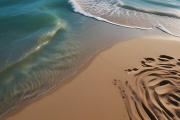 Wall Mural - abstract sand beach from above with light blue transparent water wave and sun lights, summer vacation background concept banner with copy space, natural beauty spa Generative AI