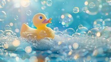 A Cheerful Yellow Rubber Duck Floats Amidst A Sea Of Shimmering Soap Bubbles In A Playful Setting.