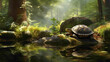 Serene forest pond reflecting the image of a wise old turtle basking on a sunlit rock, surrounded by the lush greenery of its woodland home.