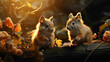 Playful squirrel kittens chasing each other through tree branches, their agile movements and fluffy tails capturing the lively spirit of these woodland creatures.