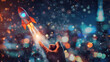 Hand holding rocket and digital network connection, start up business concept on city background with bokeh effect