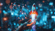 Hand holding rocket and digital network connection, start up business concept on city background with bokeh effect