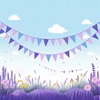 Foreground with lavender background and colorful flags garland on top, confetti all around, sun shining in the background, party banner
