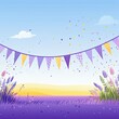 Foreground with lavender background and colorful flags garland on top, confetti all around, sun shining in the background, party banner