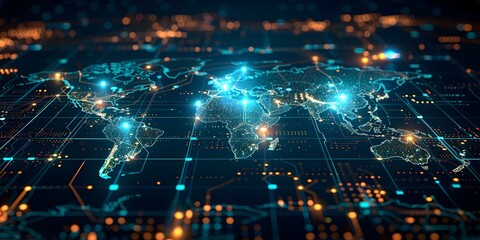 Poster - Glowing Digital World Map Showcasing International Connectivity and Data Flow Across Continents