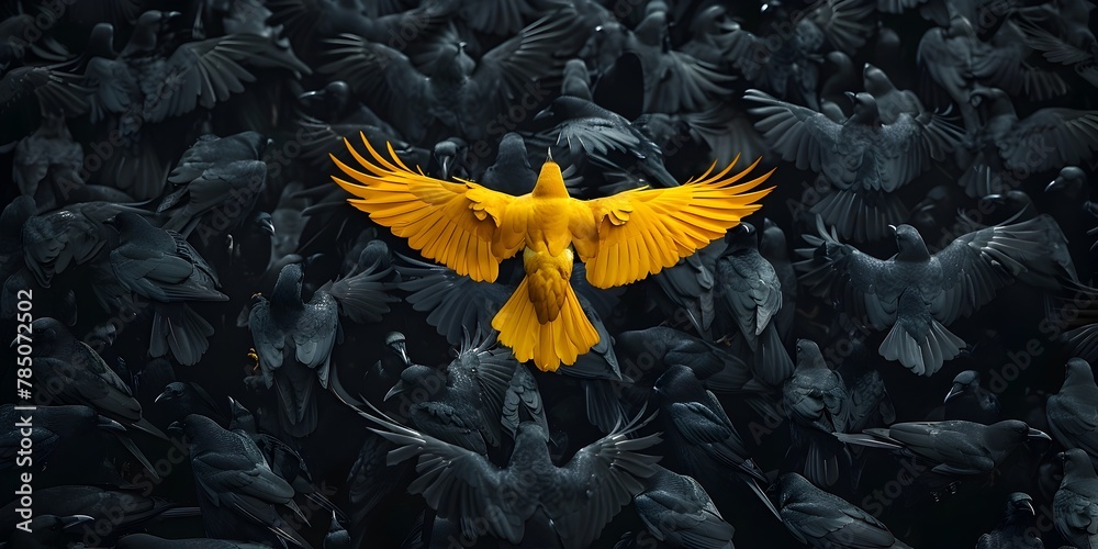 Crowd Flocking Yellow Crow Soaring Above a Flock of Black Crows Representing a ...