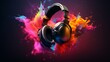 Vivid explosion of stereo headphones with colorful splashes and smoky effects, depicting the powerful impact of music.
