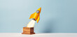 Rocket launching from wooden box, New Project, Start-up, Creativity, Big idea