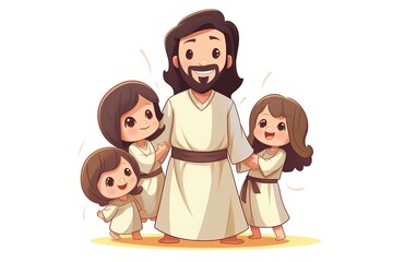 Wall Mural - Vector cartoon illustration of Jesus Christ with his family. Isolated on white background.