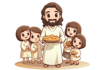 Wall Mural - Cartoon vector illustration of happy jesus christ with his family