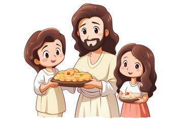 Wall Mural - Vector illustration of Happy family celebrating Hanukkah with food.