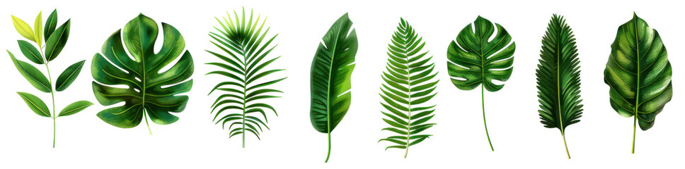 Wall Mural - collection of green tropical monstera, palm, leaves isolated, cut out clipping path PNG