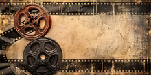 Two Film Reels Against A Backdrop Of Aged Paper Surrounded By Film Strips, Evoking A Vintage And Cinematic Feel.