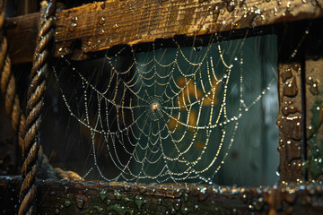 Poster - A dew-laden spider web in a boat shed, with droplets reflecting the wooden interior and rope details
