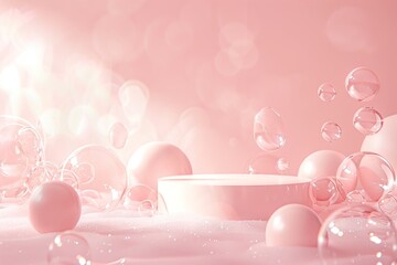 Cylinder empty podiums and floating soap bubbles on pastel pink background. Transparent round blank pedestal place for cosmetics product display. Platform. Scene with geometrical forms glass balls