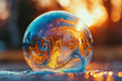 A macro shot of a soap bubble, the surface reflecting and distorting the surrounding world with vibr