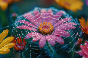 Poster - A macro shot of a spider web in a garden, each dewdrop reflecting different colored flowers around i