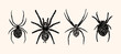 Set of various spiders in linocut style. Trendy vector illustration.