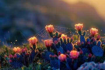 Poster - A photograph of a spider web between cacti in a desert at dawn, the dewdrops unexpected and life-giv