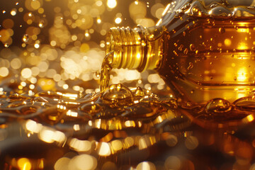 Poster - A close-up of sunlight filtering through a bottle of olive oil, the light turning the liquid gold an