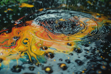 Poster - An image capturing the moment oil meets water during a rainstorm, creating a slick, iridescent sheen